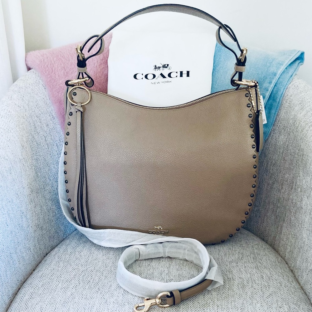 Coach Sutton Hobo Rivets Taupe Pebble Leather Bag - Picture 4 of 9